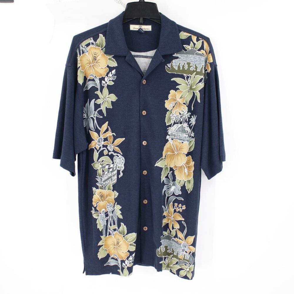 Tommy Bahama Hawaiian Shirt Mens Medium Silk Cotton Short Sleeve Button Up camp‎